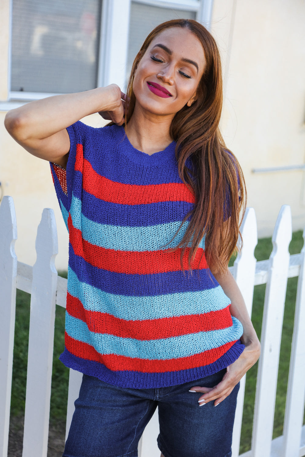 Haptics Forget Me Not Royal Blue Stripe Short Sleeve Dolman Sweater