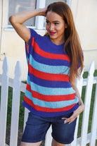 Haptics Forget Me Not Royal Blue Stripe Short Sleeve Dolman Sweater