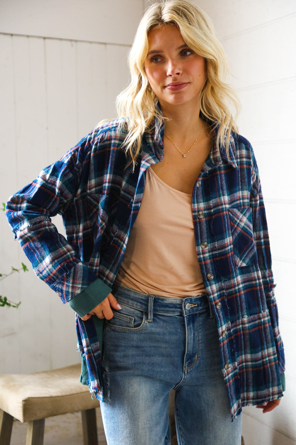 Peach Love Navy Cotton Flannel with Thermal Trim
