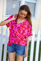 Haptics Magenta Floral V Neck Woven Top