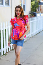 Haptics Red & Fuchsia Floral Smocked Ruffle Frill Sleeve Top Shirts & Tops