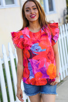 Haptics Red & Fuchsia Floral Smocked Ruffle Frill Sleeve Top Shirts & Tops