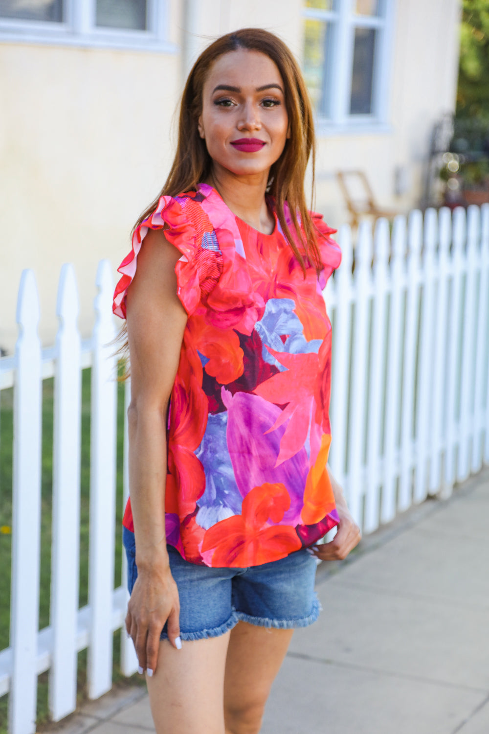 Haptics Red & Fuchsia Floral Smocked Ruffle Frill Sleeve Top Shirts & Tops