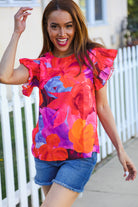 Haptics Red & Fuchsia Floral Smocked Ruffle Frill Sleeve Top Shirts & Tops