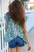 Haptics Mint Floral Yoke Flutter Sleeve Keyhole Back Top Shirts & Tops