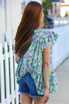 Haptics Mint Floral Yoke Flutter Sleeve Keyhole Back Top Shirts & Tops