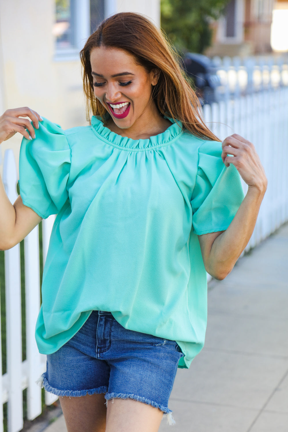 Haptics Mint Frill Mock Neck Woven Top