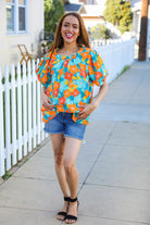 Haptics Blue & Orange Floral Frill Mock Neck Top Shirts & Tops