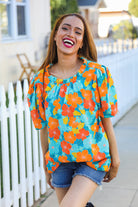 Haptics Blue & Orange Floral Frill Mock Neck Top Shirts & Tops