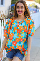 Haptics Blue & Orange Floral Frill Mock Neck Top Shirts & Tops