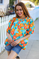 Haptics Blue & Orange Floral Frill Mock Neck Top Shirts & Tops