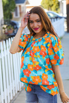 Haptics Blue & Orange Floral Frill Mock Neck Top Shirts & Tops