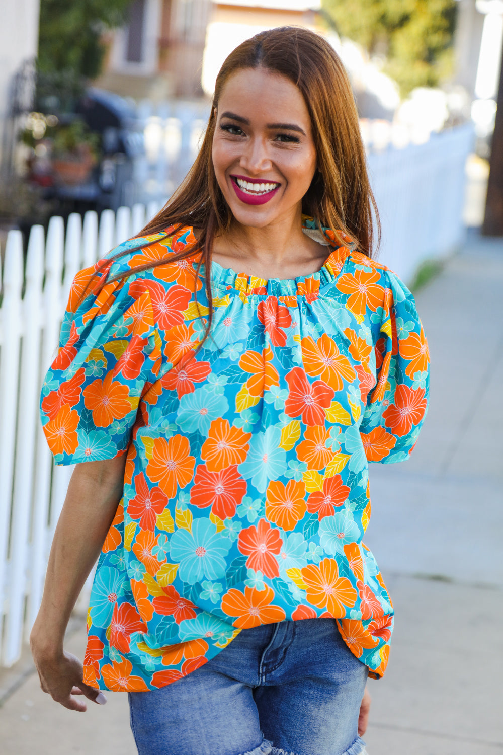 Haptics Blue & Orange Floral Frill Mock Neck Top Shirts & Tops