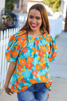 Haptics Blue & Orange Floral Frill Mock Neck Top Shirts & Tops