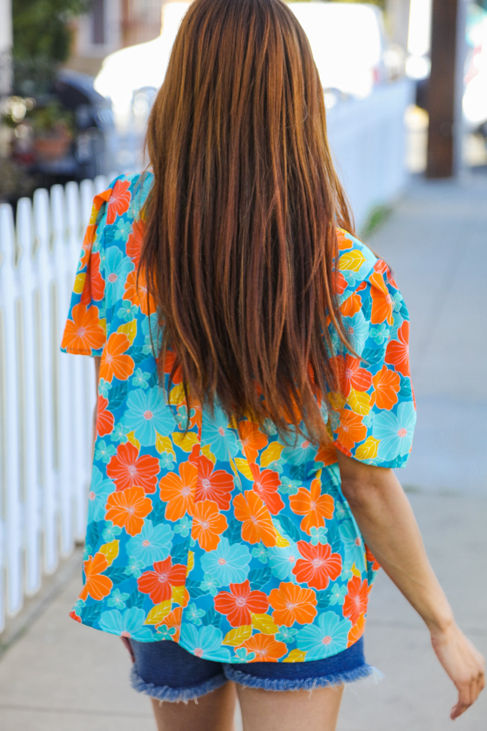 Haptics Blue & Orange Floral Frill Mock Neck Top Shirts & Tops