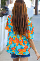 Haptics Blue & Orange Floral Frill Mock Neck Top Shirts & Tops