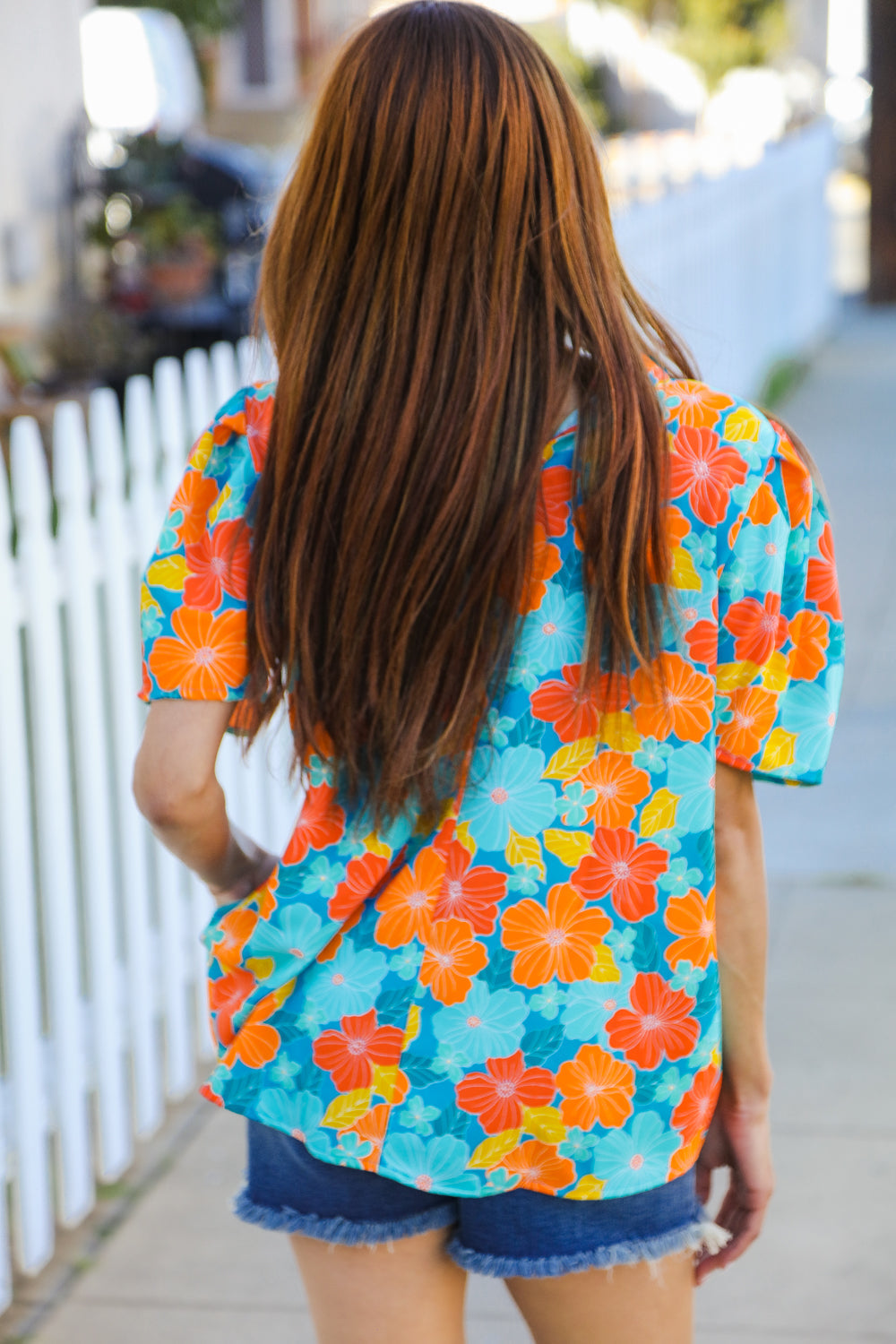 Haptics Blue & Orange Floral Frill Mock Neck Top Shirts & Tops