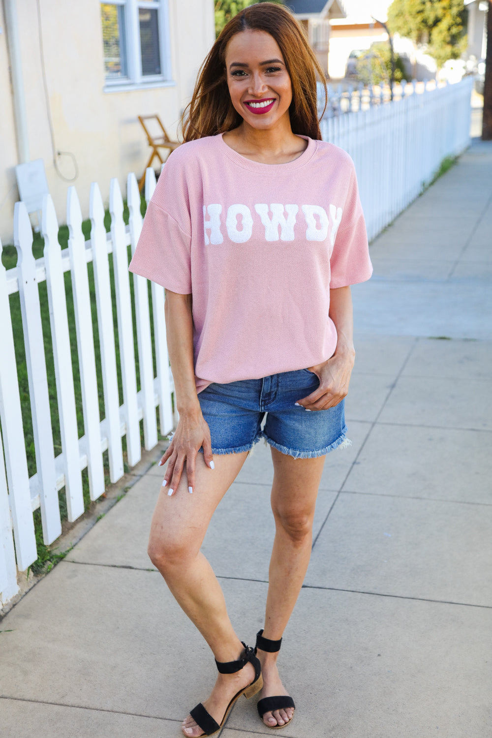 Haptics Pink Pop-Up Embroidered "HOWDY" Ribbed Top Shirts & Tops