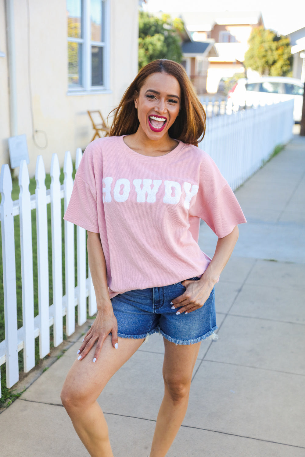 Haptics Pink Pop-Up Embroidered "HOWDY" Ribbed Top Shirts & Tops