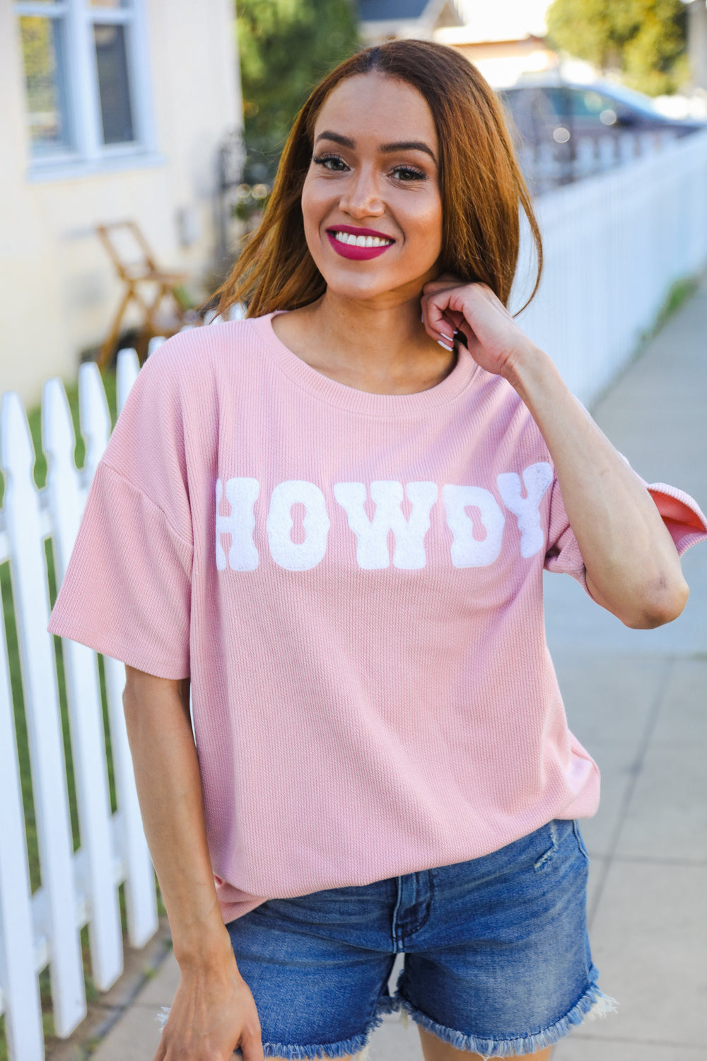 Haptics Pink Pop-Up Embroidered "HOWDY" Ribbed Top Shirts & Tops