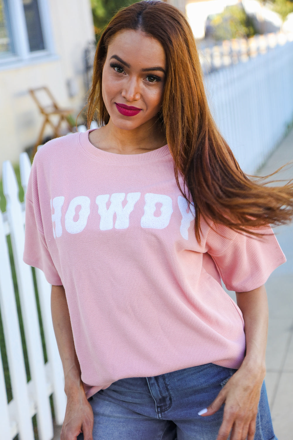 Haptics Pink Pop-Up Embroidered "HOWDY" Ribbed Top Shirts & Tops