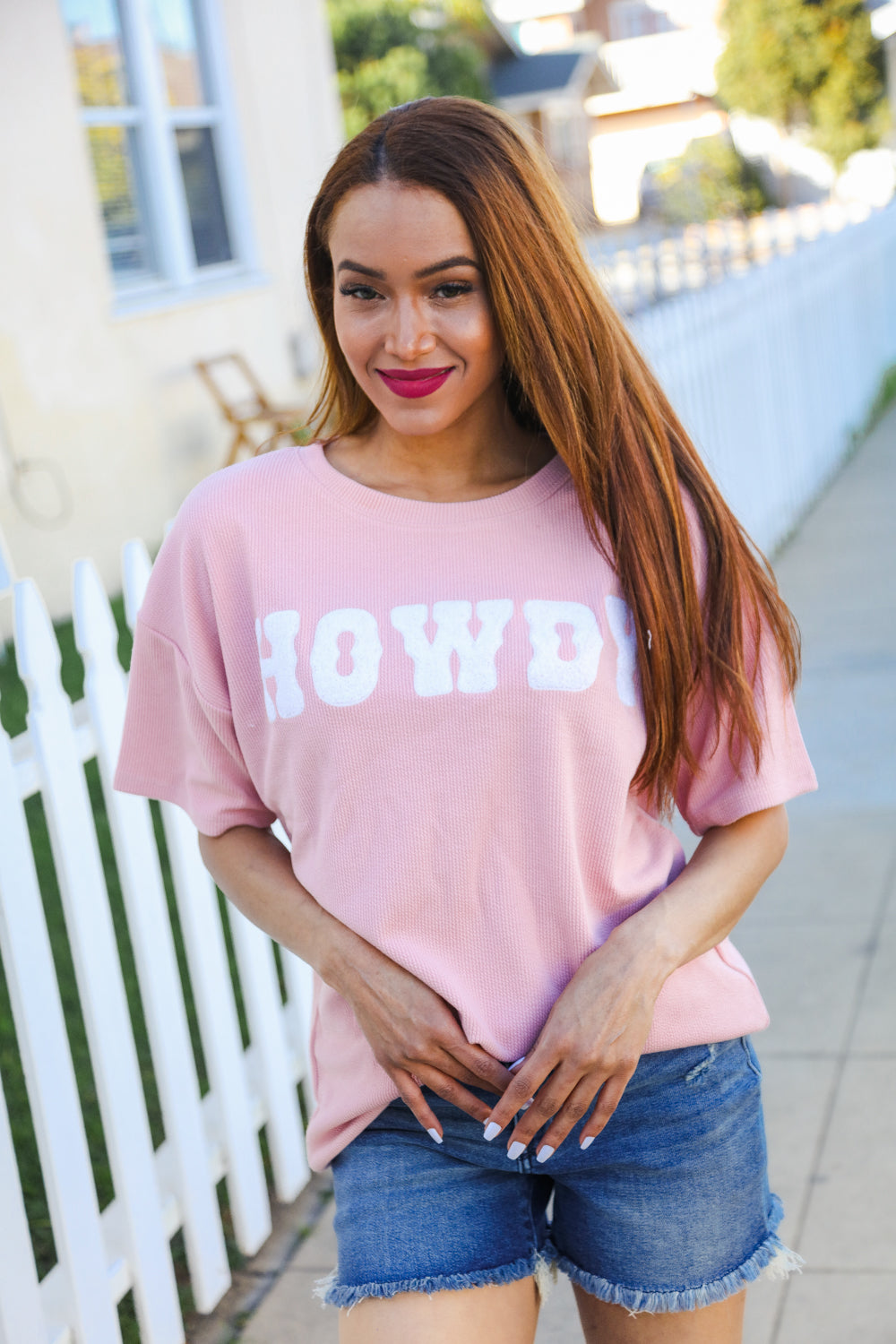 Haptics Pink Pop-Up Embroidered "HOWDY" Ribbed Top Shirts & Tops