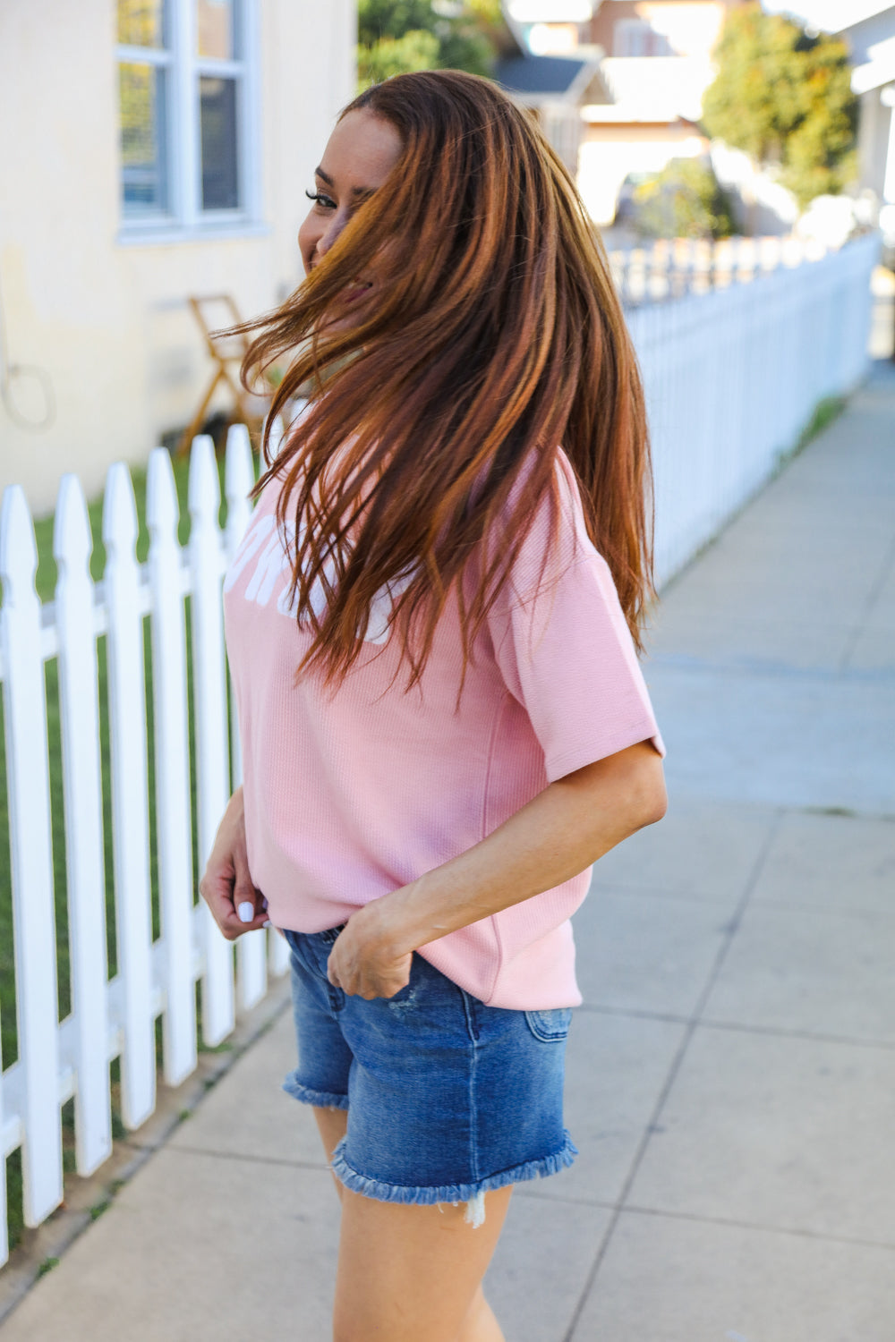 Haptics Pink Pop-Up Embroidered "HOWDY" Ribbed Top Shirts & Tops