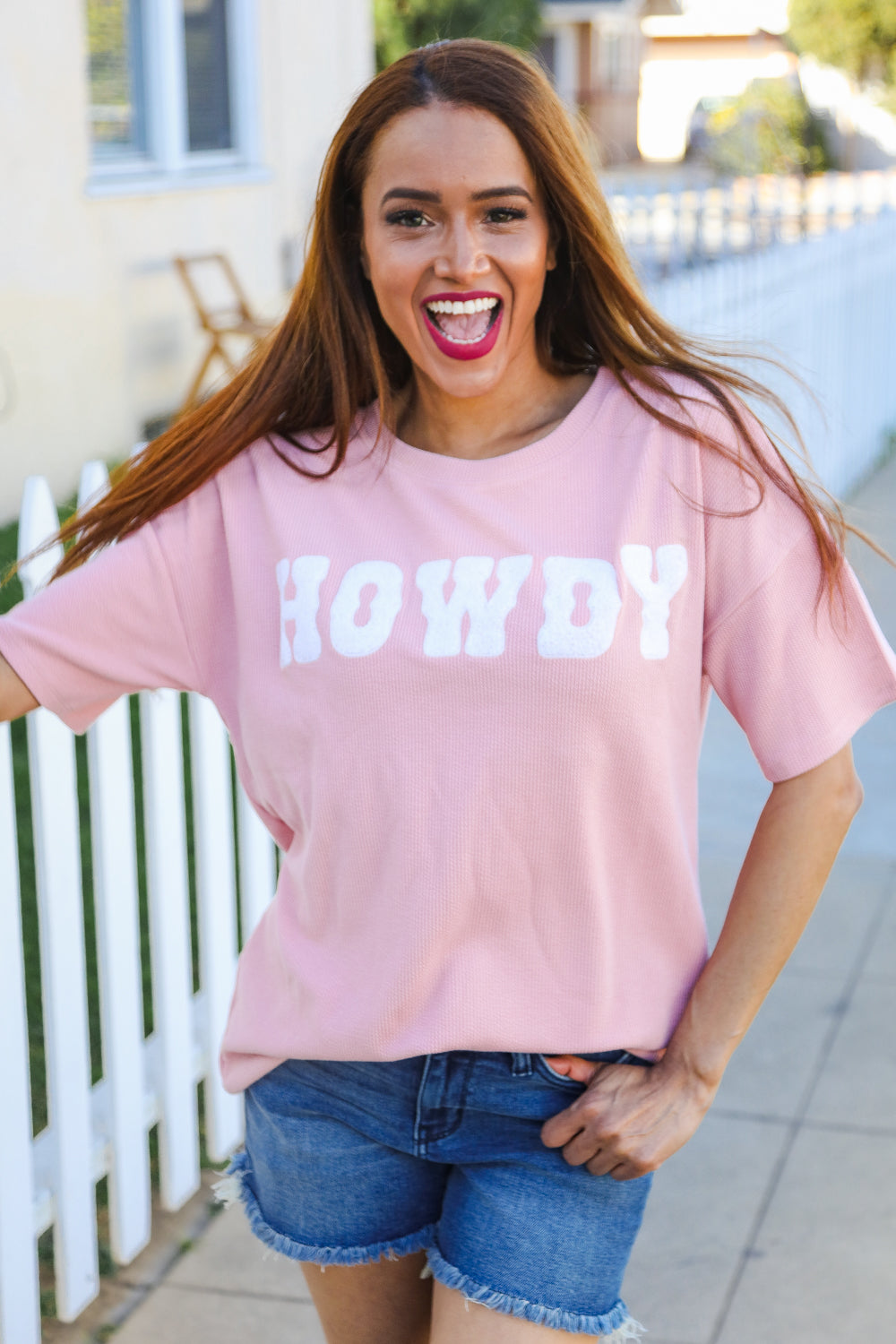 Haptics Pink Pop-Up Embroidered "HOWDY" Ribbed Top Shirts & Tops