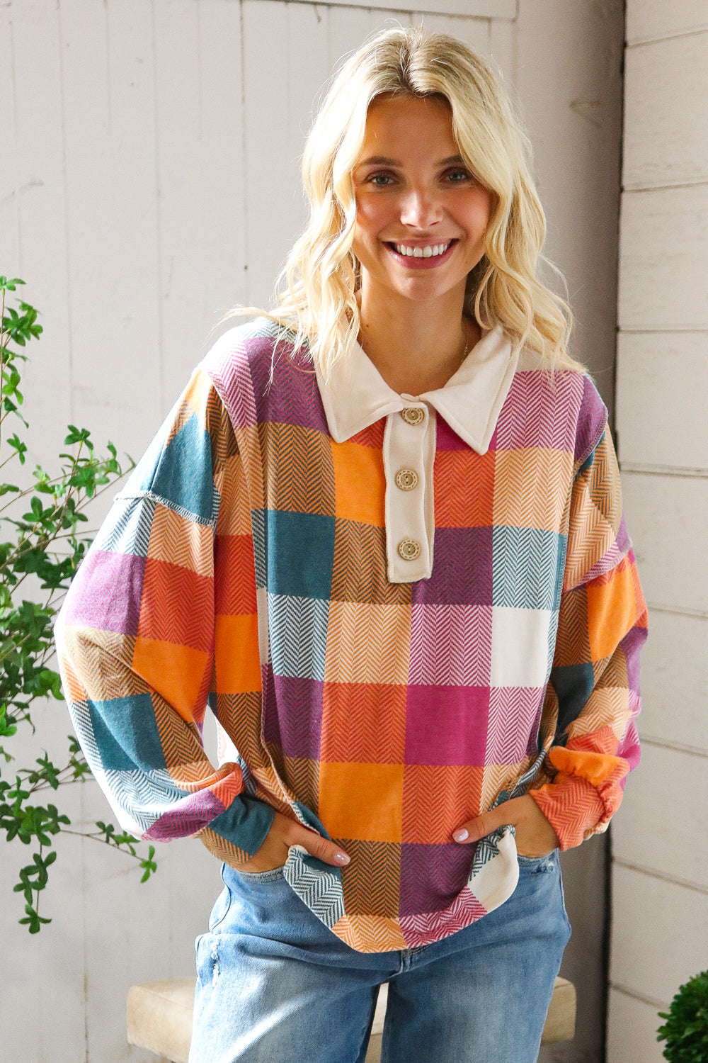 Haptics Multi Color Patchwork Collared Reverse Seem Placket