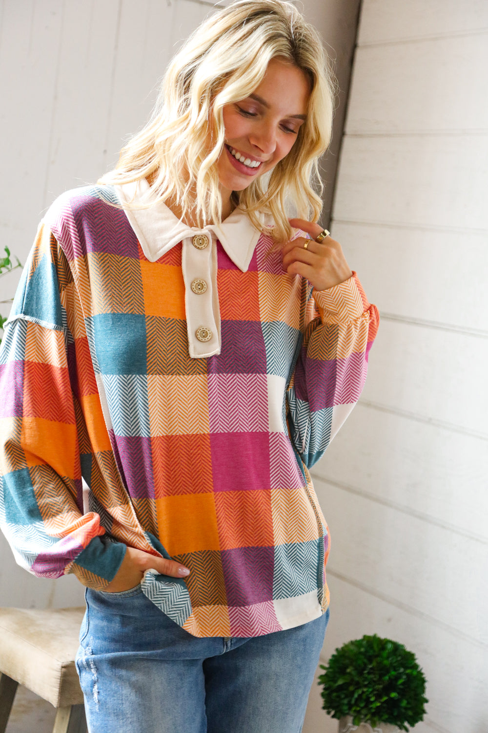 Haptics Multi Color Patchwork Collared Reverse Seem Placket