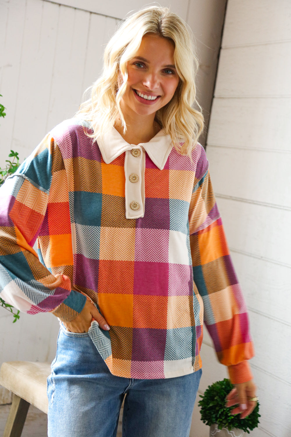 Haptics Multi Color Patchwork Collared Reverse Seem Placket