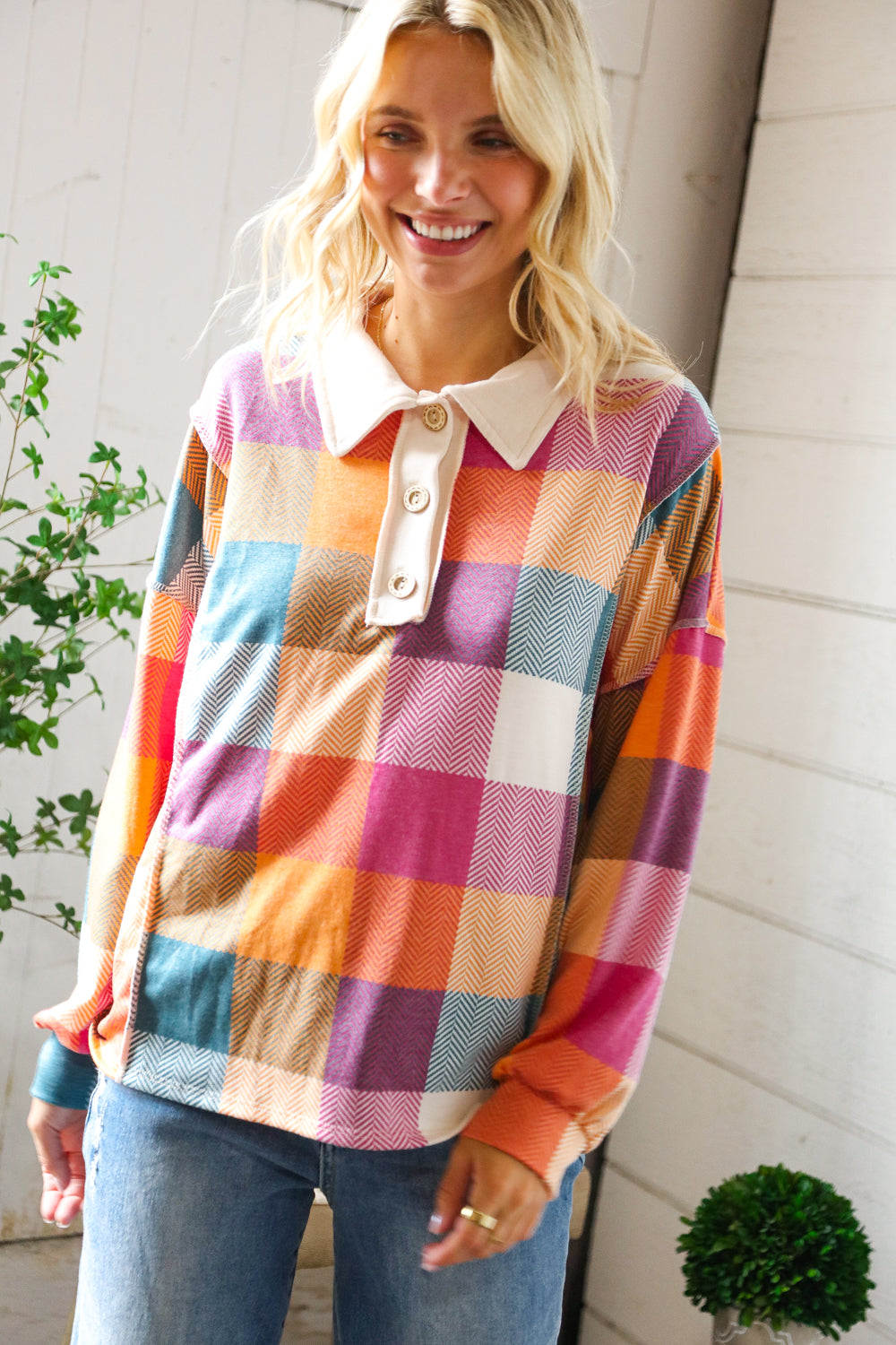 Haptics Multi Color Patchwork Collared Reverse Seem Placket Large