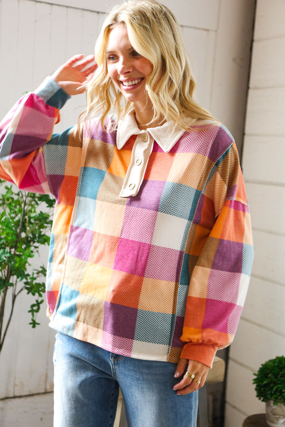 Haptics Multi Color Patchwork Collared Reverse Seem Placket