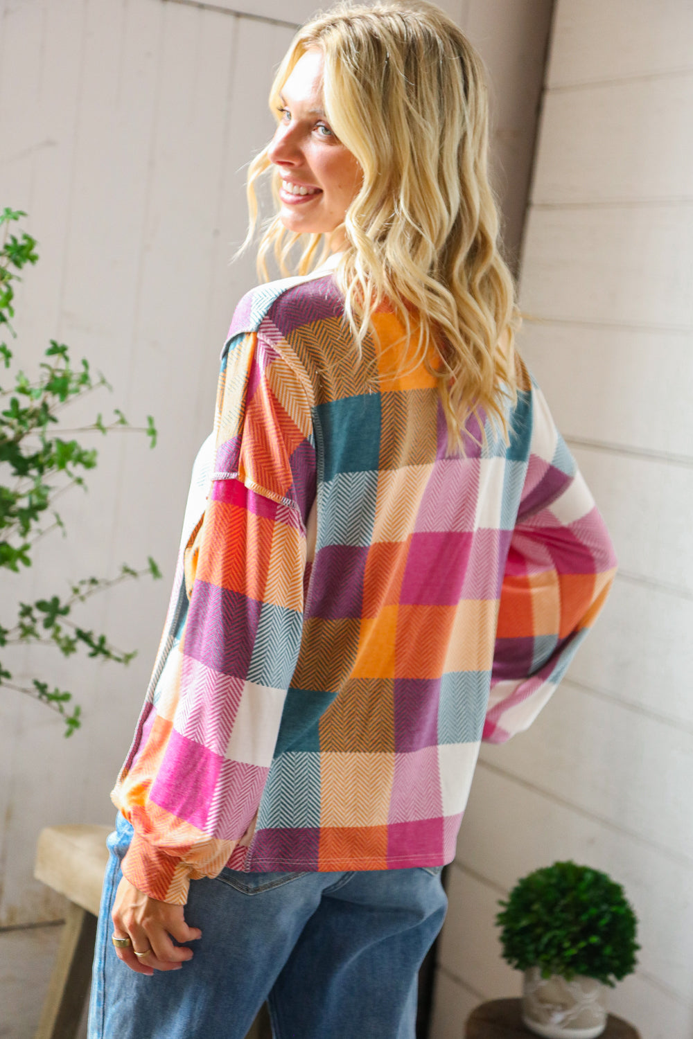 Haptics Multi Color Patchwork Collared Reverse Seem Placket