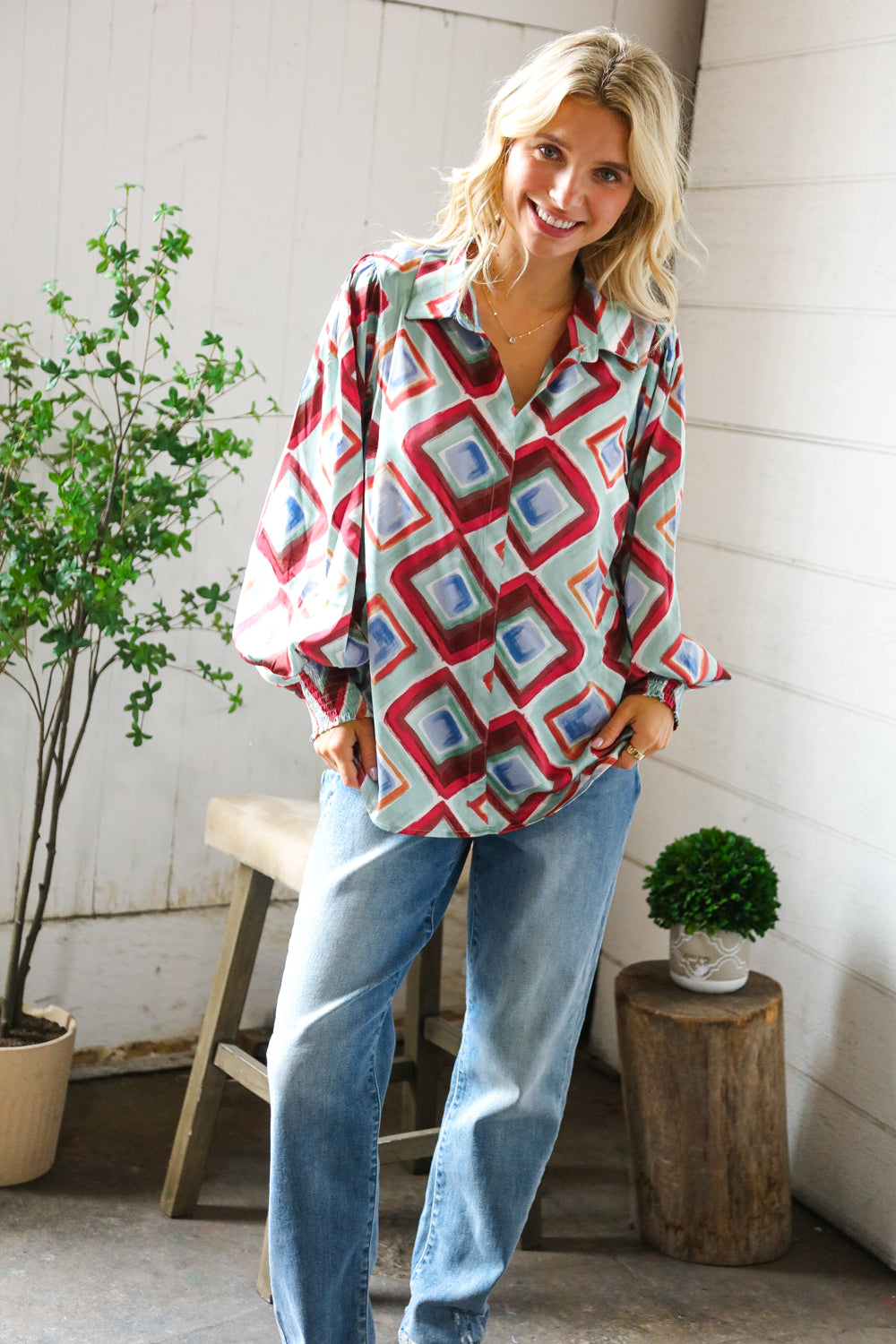 First Love V Neck Bubble Sleeve Silky Collared Blouse Large