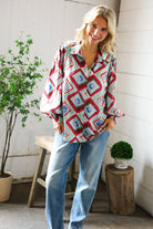 First Love V Neck Bubble Sleeve Silky Collared Blouse Large