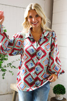 First Love V Neck Bubble Sleeve Silky Collared Blouse