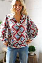 First Love V Neck Bubble Sleeve Silky Collared Blouse