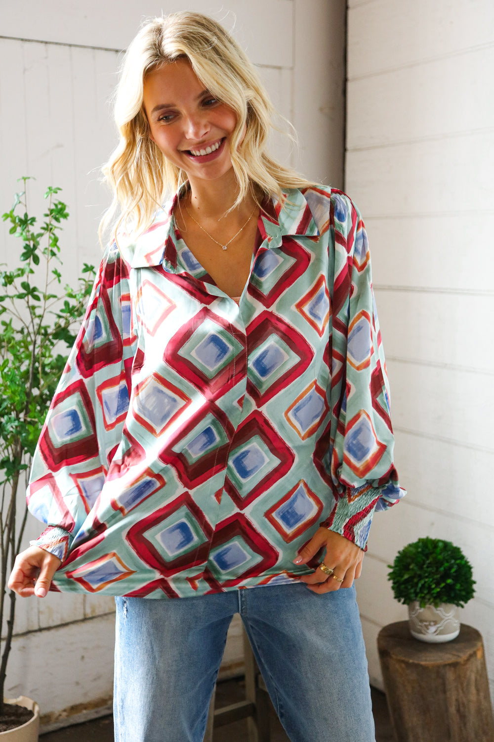 First Love V Neck Bubble Sleeve Silky Collared Blouse