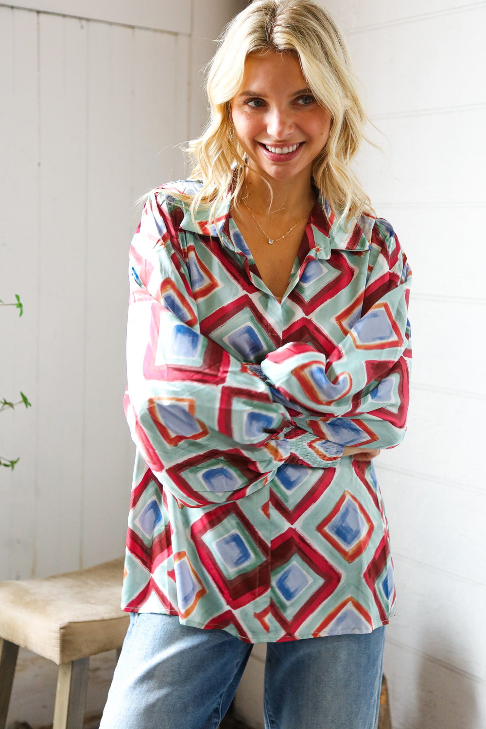 First Love V Neck Bubble Sleeve Silky Collared Blouse