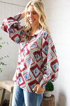 First Love V Neck Bubble Sleeve Silky Collared Blouse