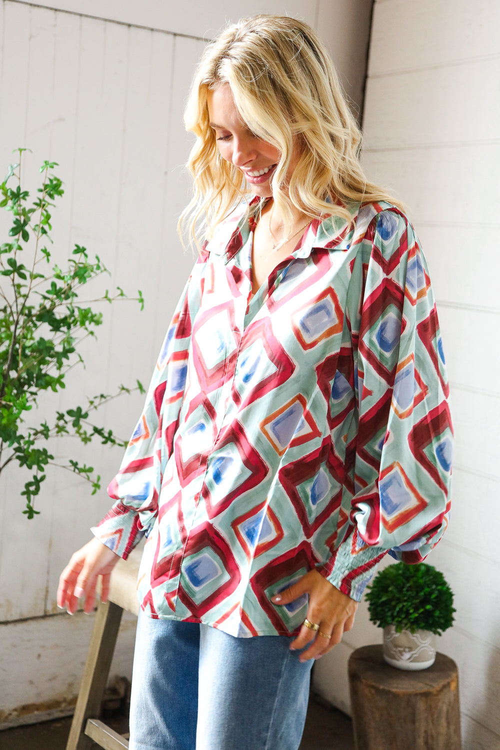 First Love V Neck Bubble Sleeve Silky Collared Blouse