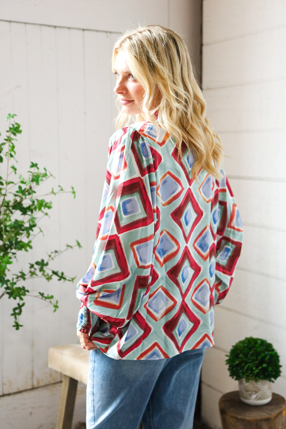 First Love V Neck Bubble Sleeve Silky Collared Blouse