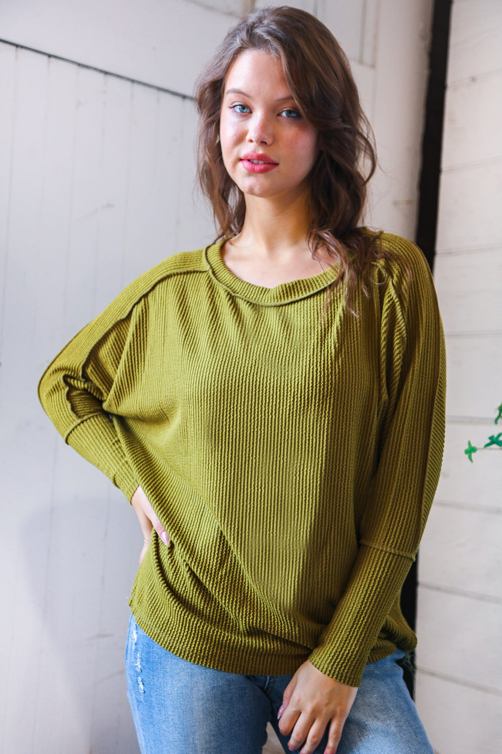 Reborn J Long Sleeve Loose Fit Top in Green Moss