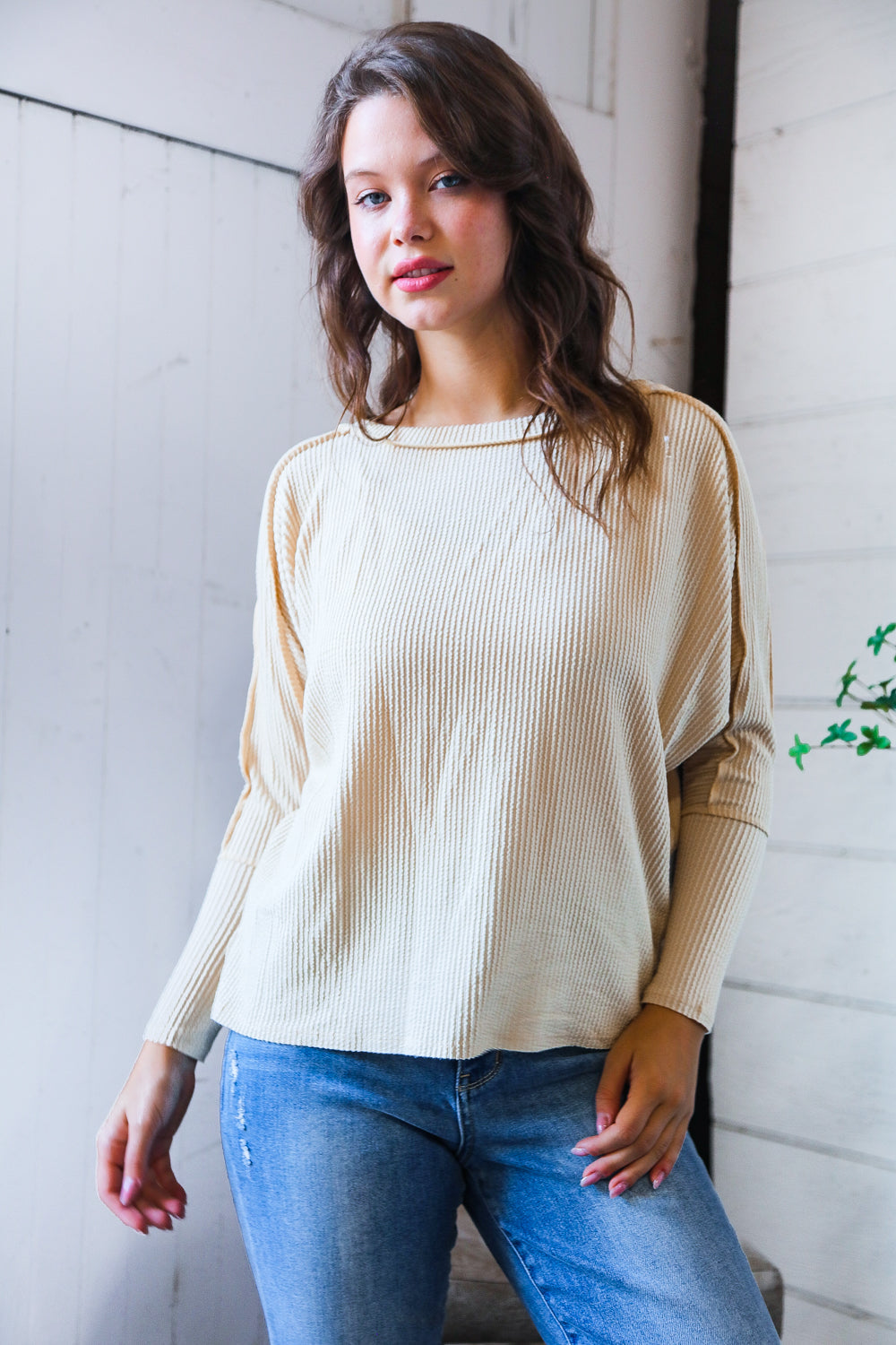 Meet You at the Bookstore Cream Ribbed Long Sleeve