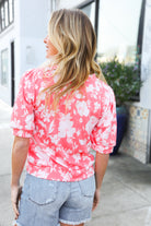 Haptics Coral Wavy Rib Puff Short Sleeves Floral Top