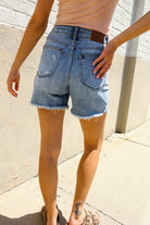 Judy Blue Medium High Rise Distressed Frayed Hem Shorts