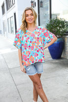 Haptics Mint Flat Floral V Neck Dolman Top