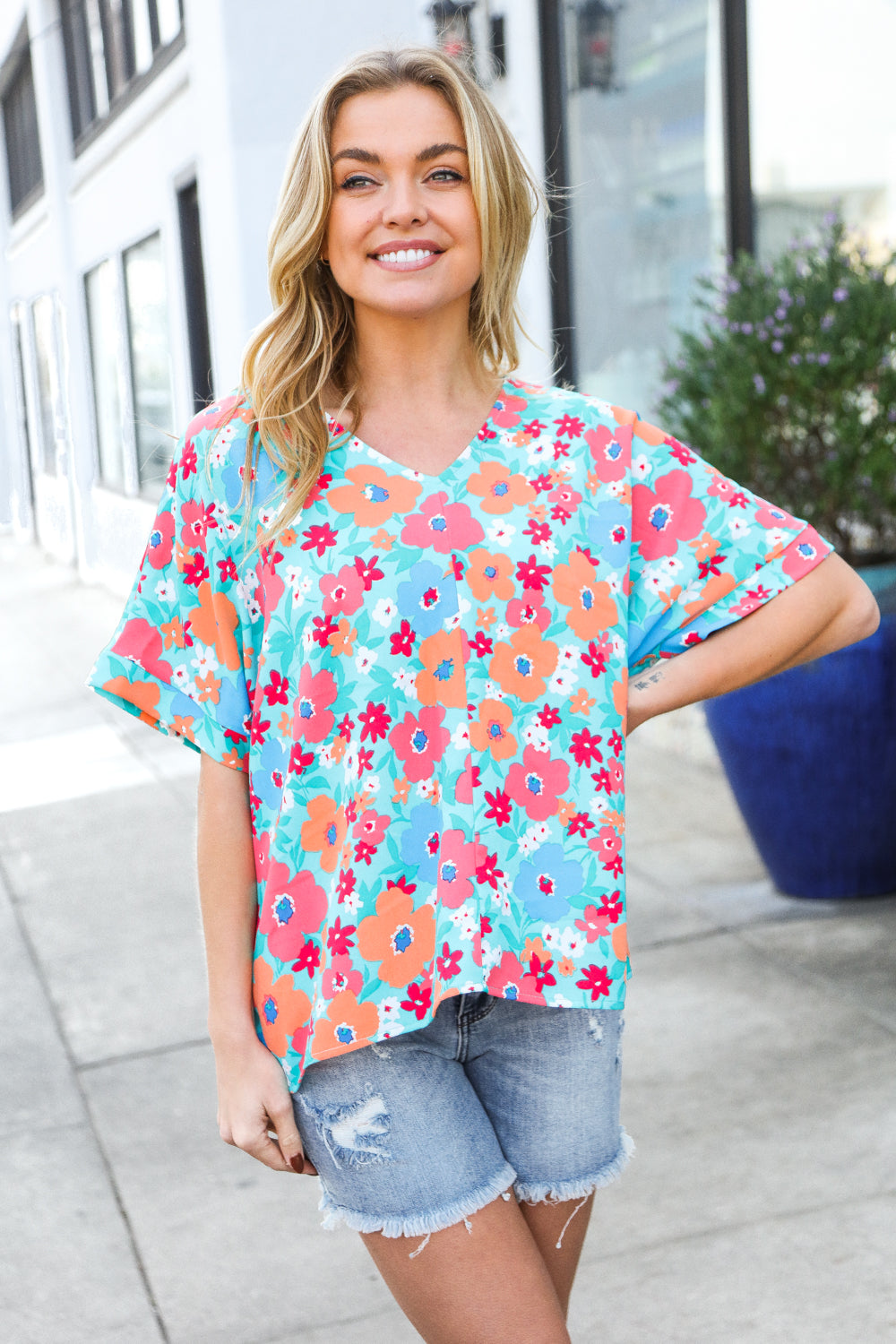 Haptics Mint Flat Floral V Neck Dolman Top