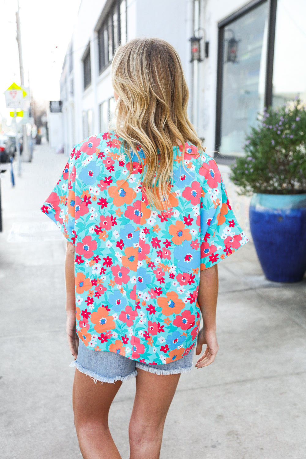 Haptics Mint Flat Floral V Neck Dolman Top